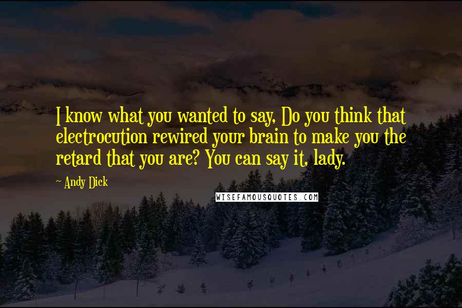 Andy Dick Quotes: I know what you wanted to say, Do you think that electrocution rewired your brain to make you the retard that you are? You can say it, lady.