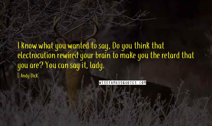 Andy Dick Quotes: I know what you wanted to say, Do you think that electrocution rewired your brain to make you the retard that you are? You can say it, lady.