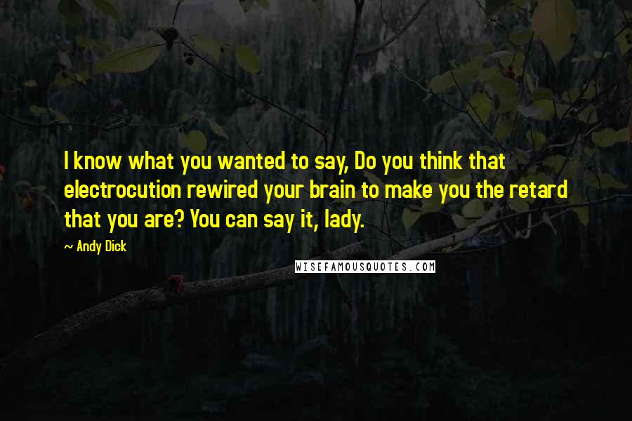 Andy Dick Quotes: I know what you wanted to say, Do you think that electrocution rewired your brain to make you the retard that you are? You can say it, lady.