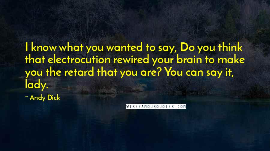 Andy Dick Quotes: I know what you wanted to say, Do you think that electrocution rewired your brain to make you the retard that you are? You can say it, lady.