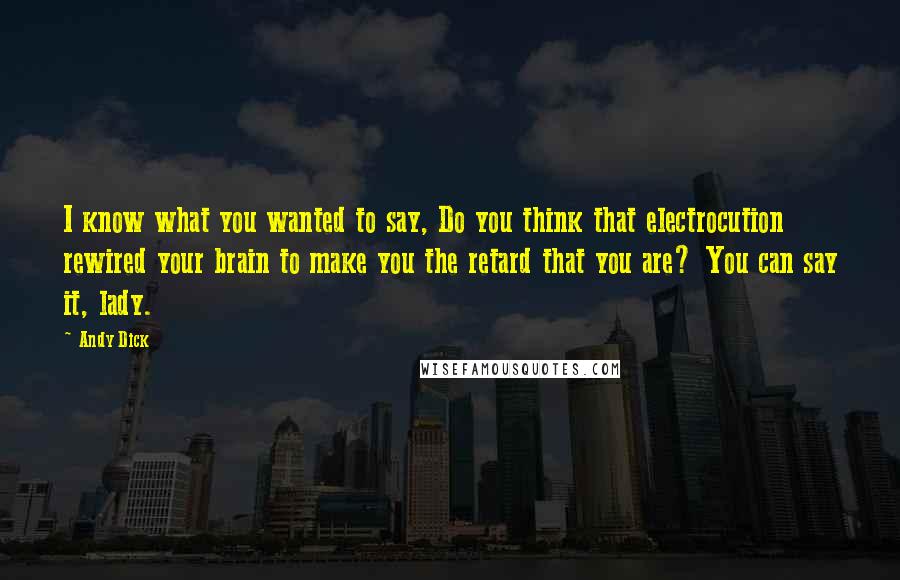 Andy Dick Quotes: I know what you wanted to say, Do you think that electrocution rewired your brain to make you the retard that you are? You can say it, lady.