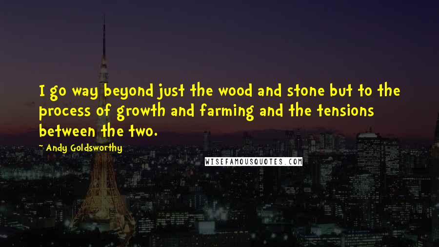 Andy Goldsworthy Quotes: I go way beyond just the wood and stone but to the process of growth and farming and the tensions between the two.