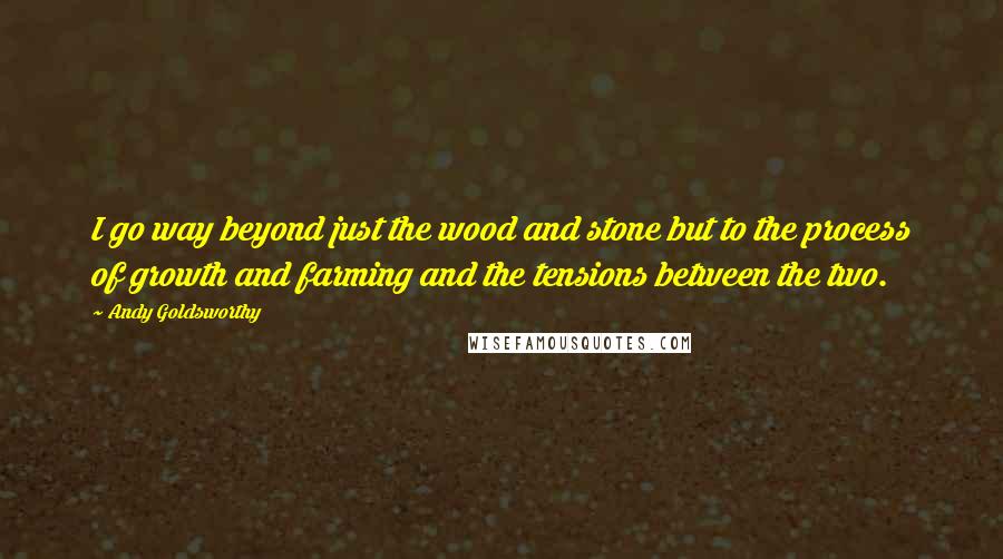 Andy Goldsworthy Quotes: I go way beyond just the wood and stone but to the process of growth and farming and the tensions between the two.