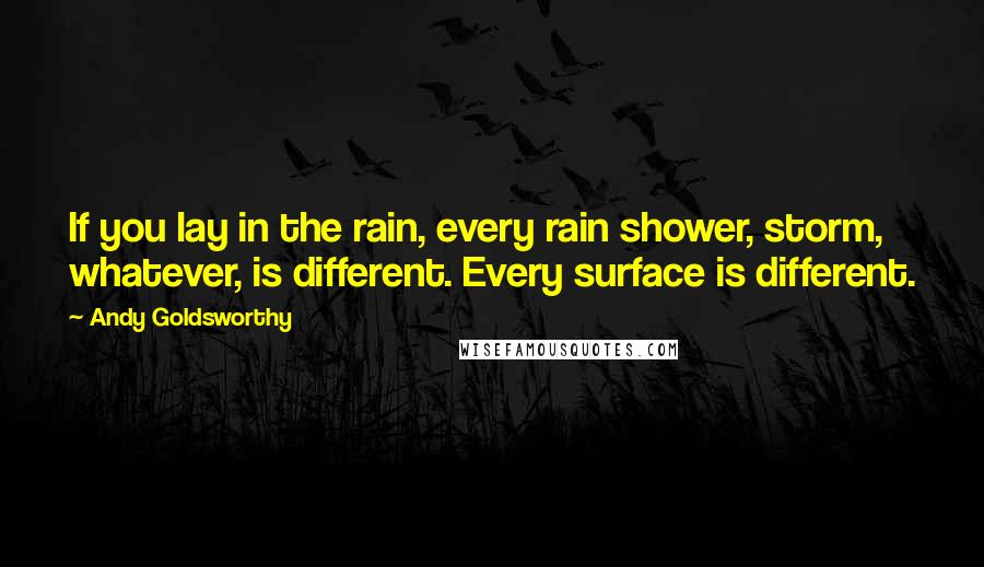 Andy Goldsworthy Quotes: If you lay in the rain, every rain shower, storm, whatever, is different. Every surface is different.