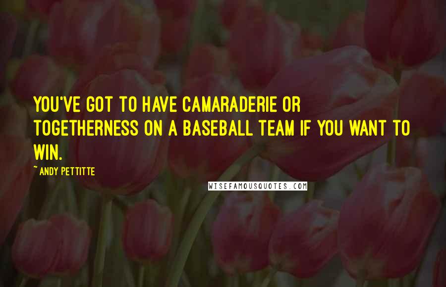Andy Pettitte Quotes: You've got to have camaraderie or togetherness on a baseball team if you want to win.