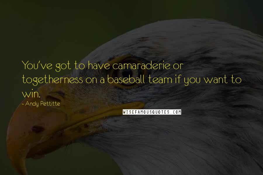 Andy Pettitte Quotes: You've got to have camaraderie or togetherness on a baseball team if you want to win.