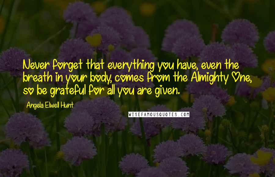 Angela Elwell Hunt Quotes: Never forget that everything you have, even the breath in your body, comes from the Almighty One, so be grateful for all you are given.