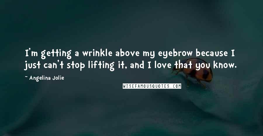 Angelina Jolie Quotes: I'm getting a wrinkle above my eyebrow because I just can't stop lifting it, and I love that you know.