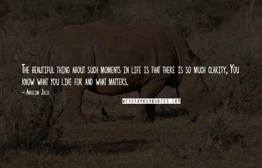 Angelina Jolie Quotes: The beautiful thing about such moments in life is that there is so much clarity, You know what you live for and what matters.