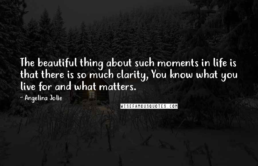 Angelina Jolie Quotes: The beautiful thing about such moments in life is that there is so much clarity, You know what you live for and what matters.
