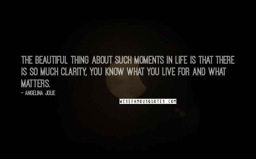 Angelina Jolie Quotes: The beautiful thing about such moments in life is that there is so much clarity, You know what you live for and what matters.