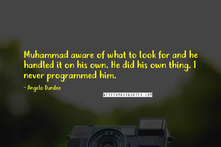 Angelo Dundee Quotes: Muhammad aware of what to look for and he handled it on his own. He did his own thing. I never programmed him.