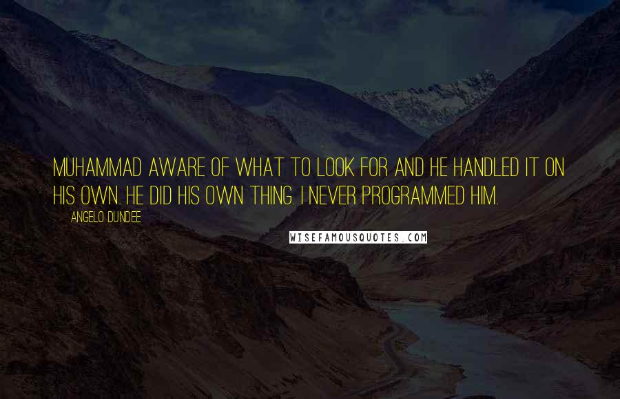 Angelo Dundee Quotes: Muhammad aware of what to look for and he handled it on his own. He did his own thing. I never programmed him.