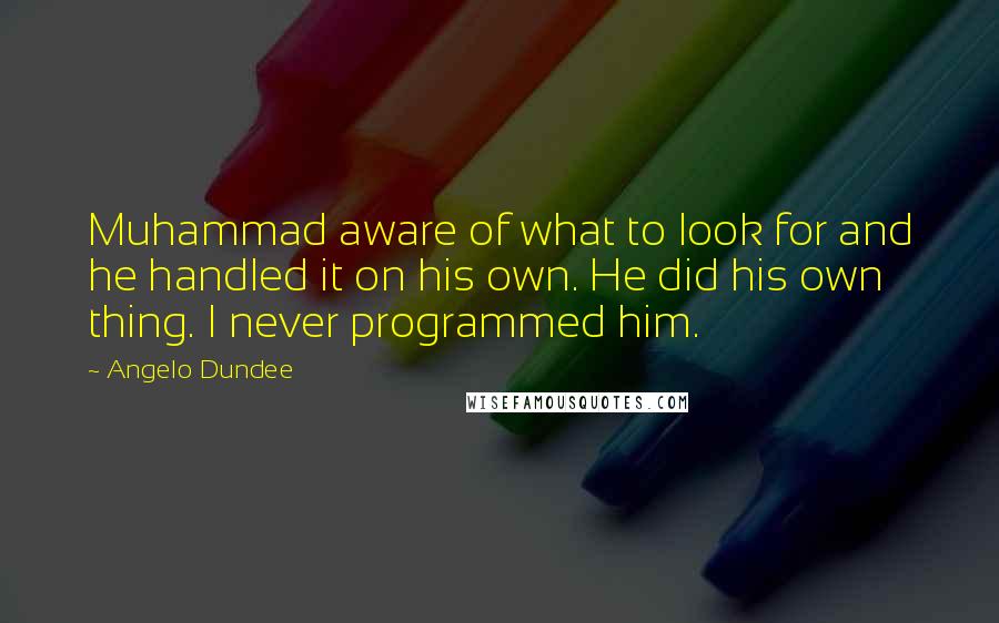 Angelo Dundee Quotes: Muhammad aware of what to look for and he handled it on his own. He did his own thing. I never programmed him.