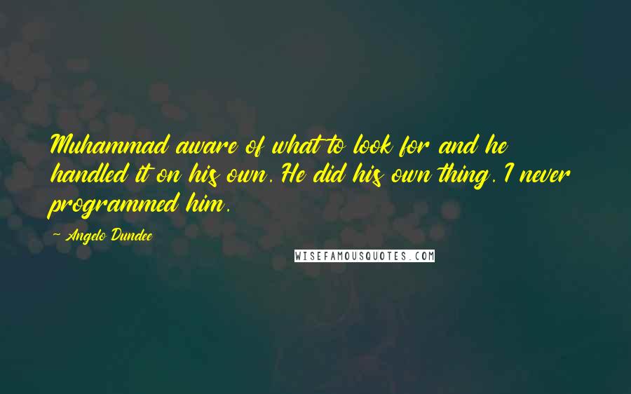 Angelo Dundee Quotes: Muhammad aware of what to look for and he handled it on his own. He did his own thing. I never programmed him.