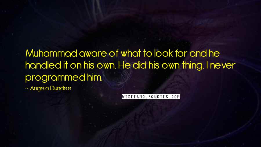 Angelo Dundee Quotes: Muhammad aware of what to look for and he handled it on his own. He did his own thing. I never programmed him.