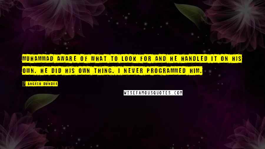 Angelo Dundee Quotes: Muhammad aware of what to look for and he handled it on his own. He did his own thing. I never programmed him.