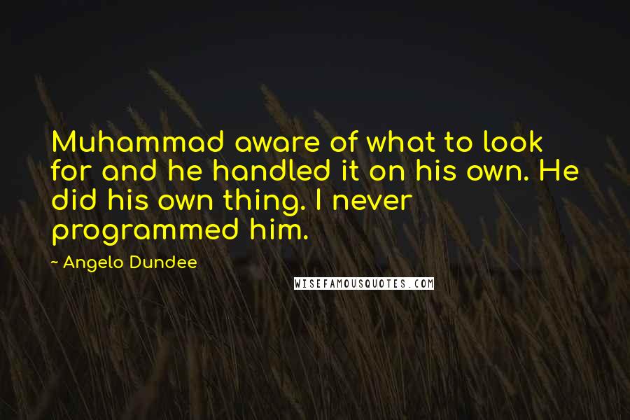 Angelo Dundee Quotes: Muhammad aware of what to look for and he handled it on his own. He did his own thing. I never programmed him.