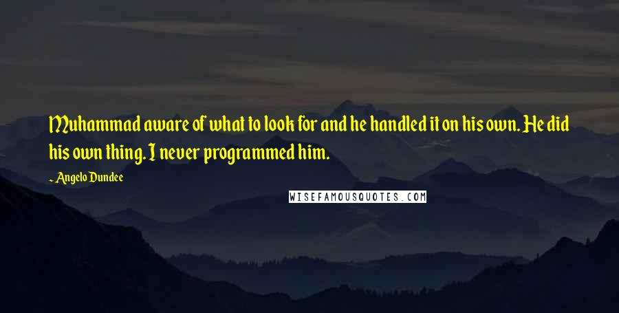 Angelo Dundee Quotes: Muhammad aware of what to look for and he handled it on his own. He did his own thing. I never programmed him.