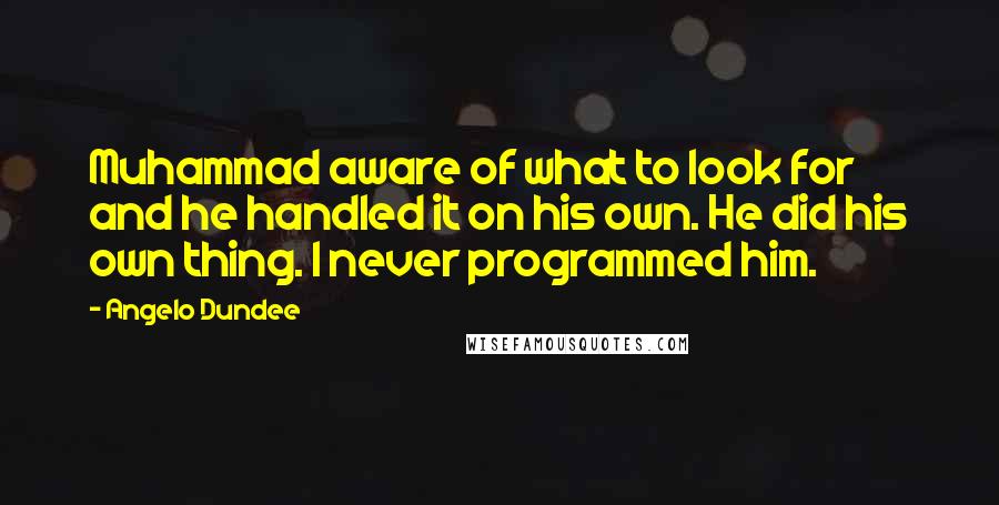 Angelo Dundee Quotes: Muhammad aware of what to look for and he handled it on his own. He did his own thing. I never programmed him.