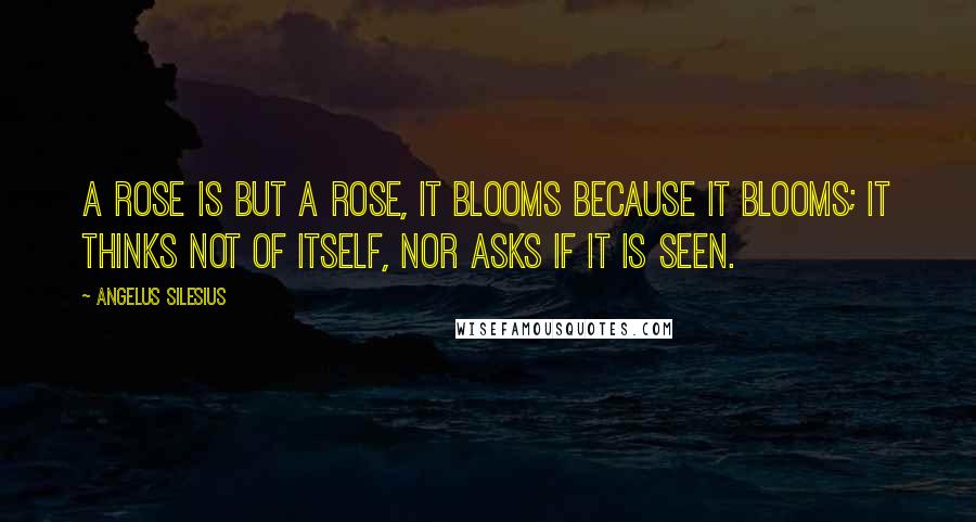 Angelus Silesius Quotes: A rose is but a rose, it blooms because it blooms; it thinks not of itself, nor asks if it is seen.