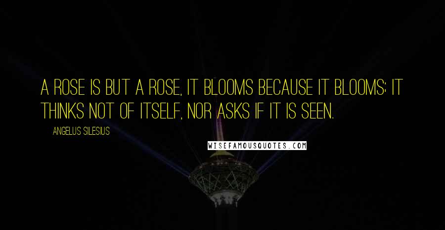 Angelus Silesius Quotes: A rose is but a rose, it blooms because it blooms; it thinks not of itself, nor asks if it is seen.