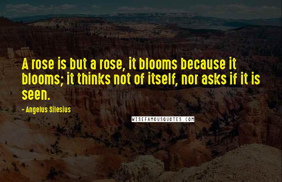 Angelus Silesius Quotes: A rose is but a rose, it blooms because it blooms; it thinks not of itself, nor asks if it is seen.