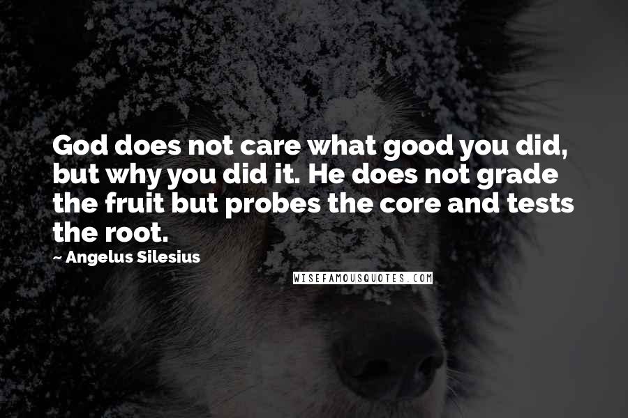 Angelus Silesius Quotes: God does not care what good you did, but why you did it. He does not grade the fruit but probes the core and tests the root.