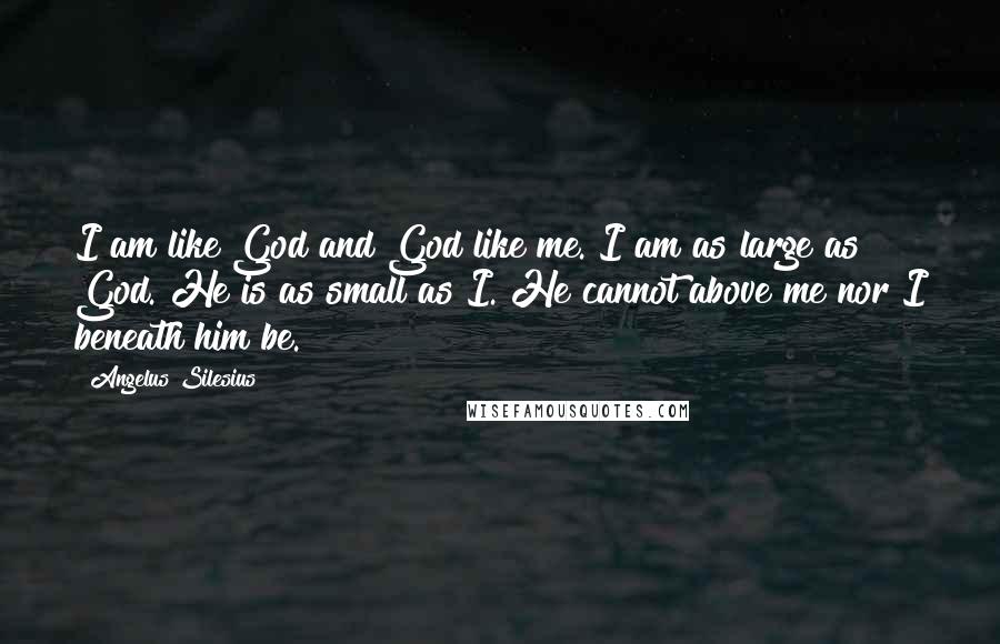 Angelus Silesius Quotes: I am like God and God like me. I am as large as God. He is as small as I. He cannot above me nor I beneath him be.