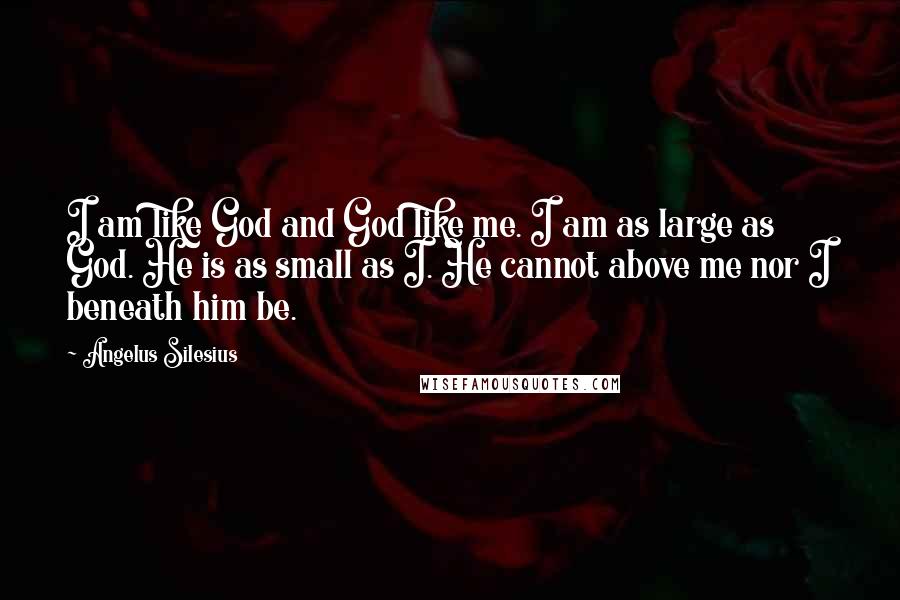 Angelus Silesius Quotes: I am like God and God like me. I am as large as God. He is as small as I. He cannot above me nor I beneath him be.