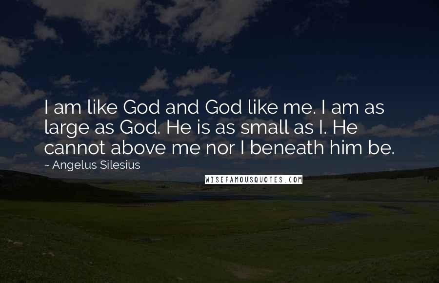 Angelus Silesius Quotes: I am like God and God like me. I am as large as God. He is as small as I. He cannot above me nor I beneath him be.