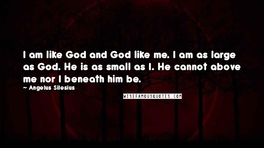 Angelus Silesius Quotes: I am like God and God like me. I am as large as God. He is as small as I. He cannot above me nor I beneath him be.