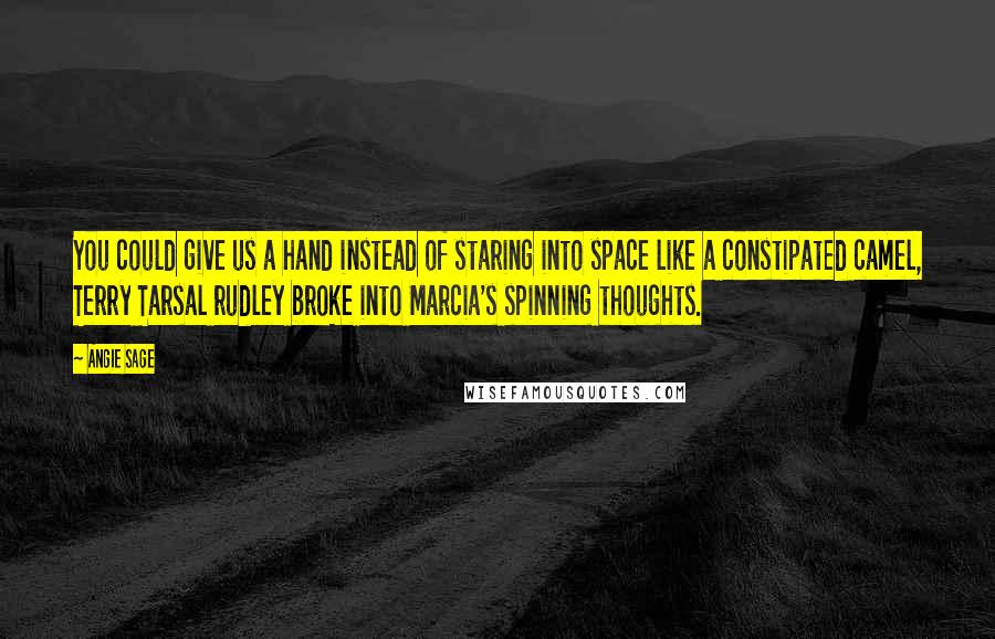 Angie Sage Quotes: You could give us a hand instead of staring into space like a constipated camel, Terry Tarsal rudley broke into Marcia's spinning thoughts.