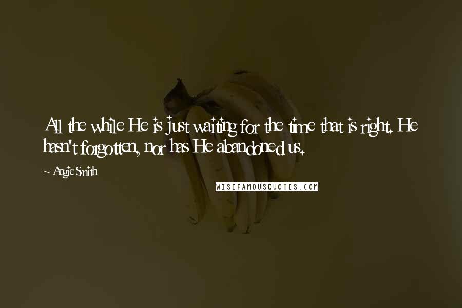 Angie Smith Quotes: All the while He is just waiting for the time that is right. He hasn't forgotten, nor has He abandoned us.