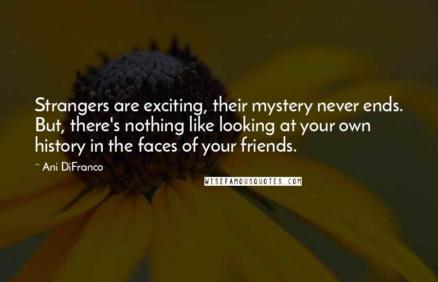 Ani DiFranco Quotes: Strangers are exciting, their mystery never ends. But, there's nothing like looking at your own history in the faces of your friends.