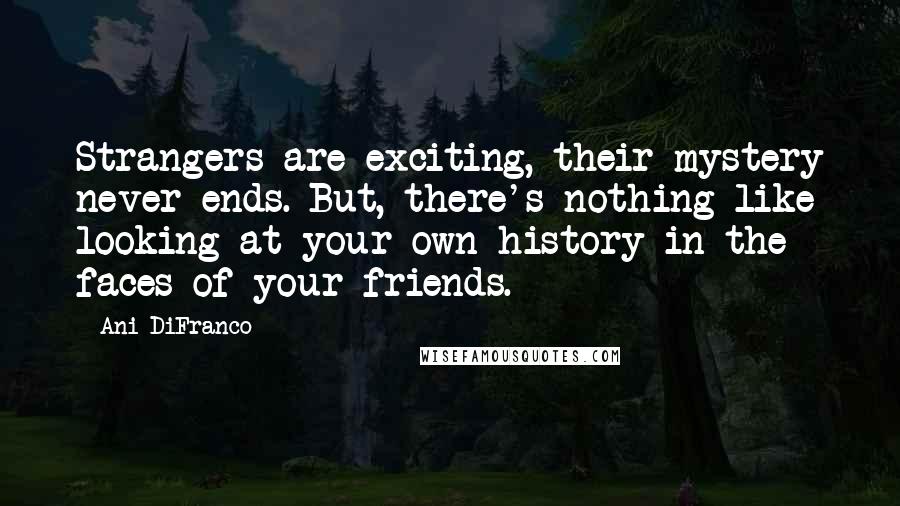 Ani DiFranco Quotes: Strangers are exciting, their mystery never ends. But, there's nothing like looking at your own history in the faces of your friends.