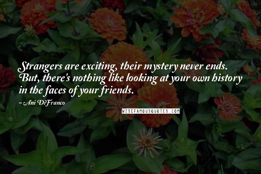 Ani DiFranco Quotes: Strangers are exciting, their mystery never ends. But, there's nothing like looking at your own history in the faces of your friends.