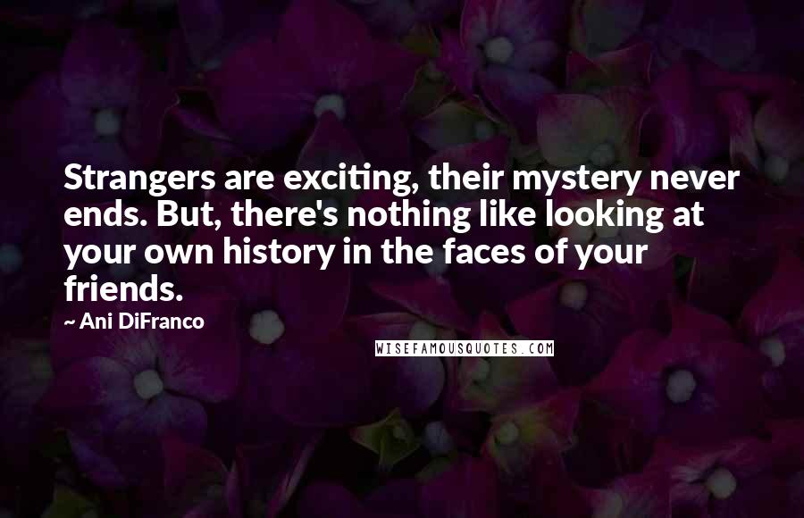 Ani DiFranco Quotes: Strangers are exciting, their mystery never ends. But, there's nothing like looking at your own history in the faces of your friends.