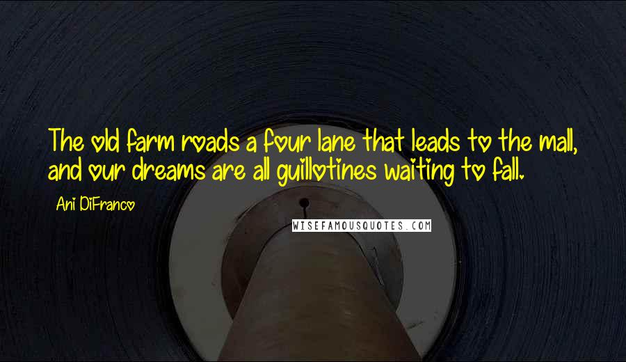 Ani DiFranco Quotes: The old farm roads a four lane that leads to the mall, and our dreams are all guillotines waiting to fall.