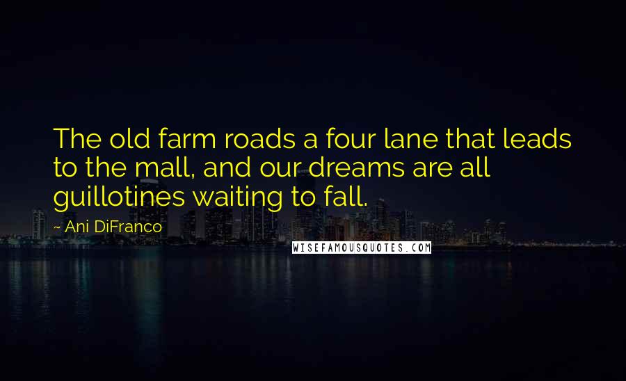 Ani DiFranco Quotes: The old farm roads a four lane that leads to the mall, and our dreams are all guillotines waiting to fall.