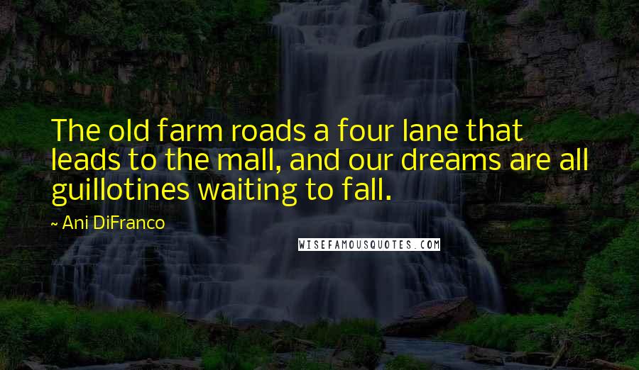 Ani DiFranco Quotes: The old farm roads a four lane that leads to the mall, and our dreams are all guillotines waiting to fall.