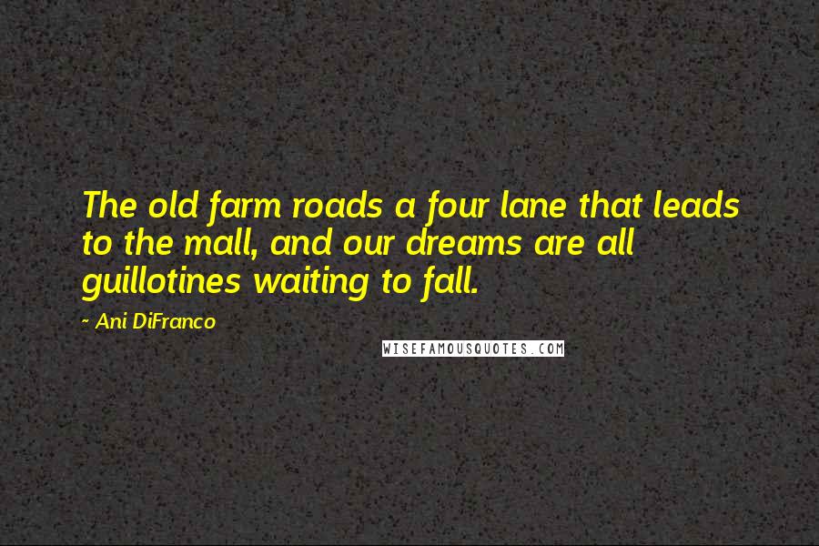 Ani DiFranco Quotes: The old farm roads a four lane that leads to the mall, and our dreams are all guillotines waiting to fall.