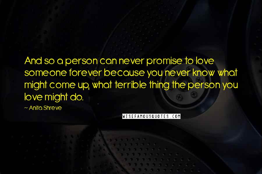 Anita Shreve Quotes: And so a person can never promise to love someone forever because you never know what might come up, what terrible thing the person you love might do.