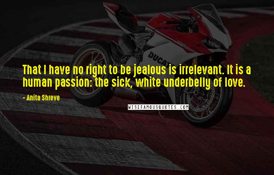 Anita Shreve Quotes: That I have no right to be jealous is irrelevant. It is a human passion: the sick, white underbelly of love.