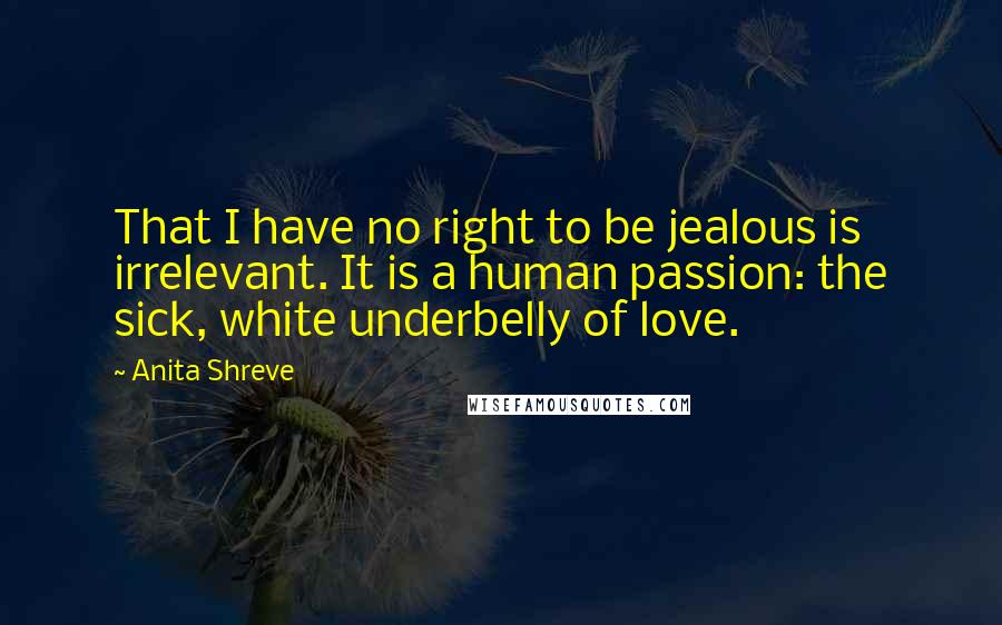 Anita Shreve Quotes: That I have no right to be jealous is irrelevant. It is a human passion: the sick, white underbelly of love.