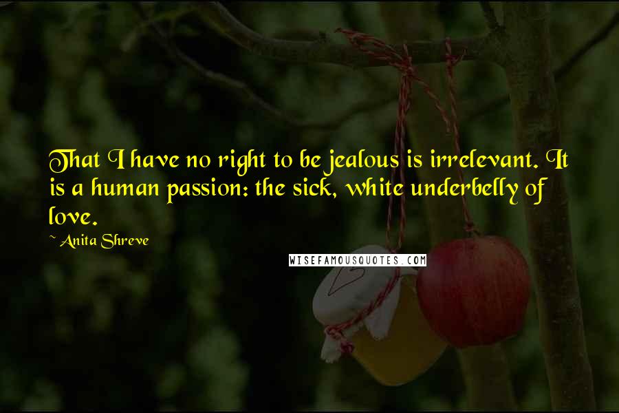 Anita Shreve Quotes: That I have no right to be jealous is irrelevant. It is a human passion: the sick, white underbelly of love.