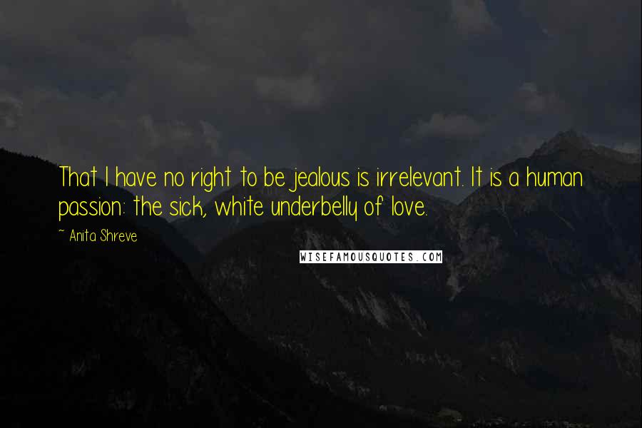 Anita Shreve Quotes: That I have no right to be jealous is irrelevant. It is a human passion: the sick, white underbelly of love.