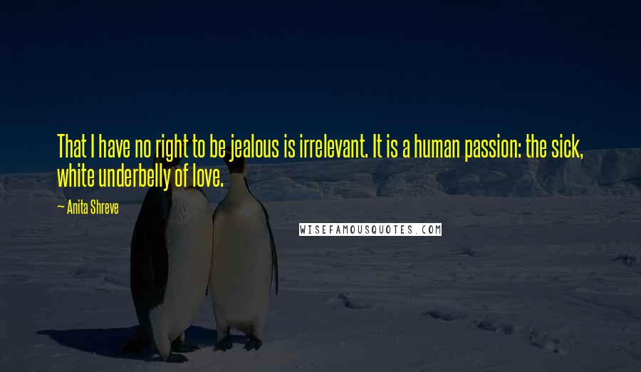 Anita Shreve Quotes: That I have no right to be jealous is irrelevant. It is a human passion: the sick, white underbelly of love.