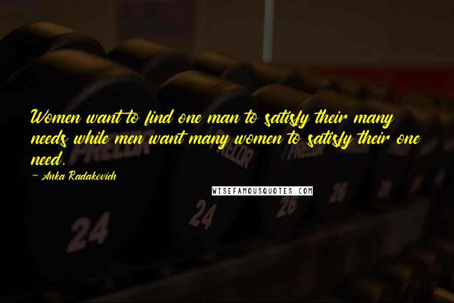 Anka Radakovich Quotes: Women want to find one man to satisfy their many needs while men want many women to satisfy their one need.