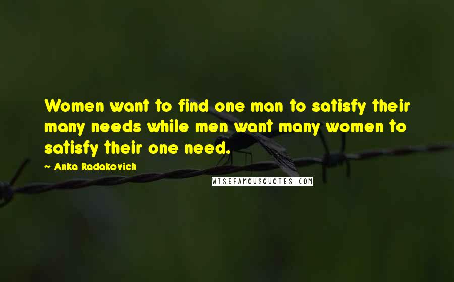 Anka Radakovich Quotes: Women want to find one man to satisfy their many needs while men want many women to satisfy their one need.